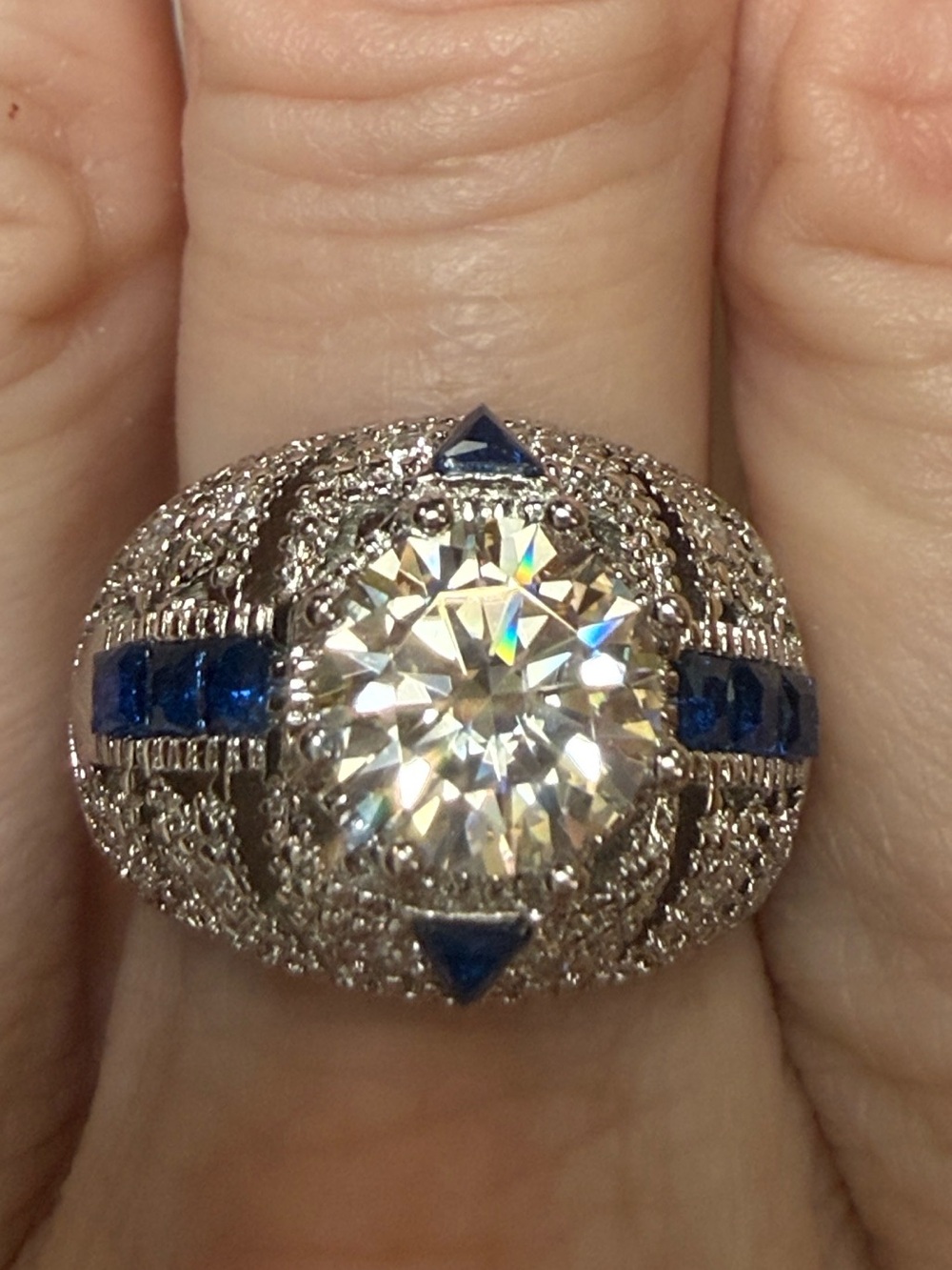 Vintage GRA CERTIFIED MOISSANITE DIAMOND 2CT & Sapphire Ring in baked silver - Picture 4 of 12